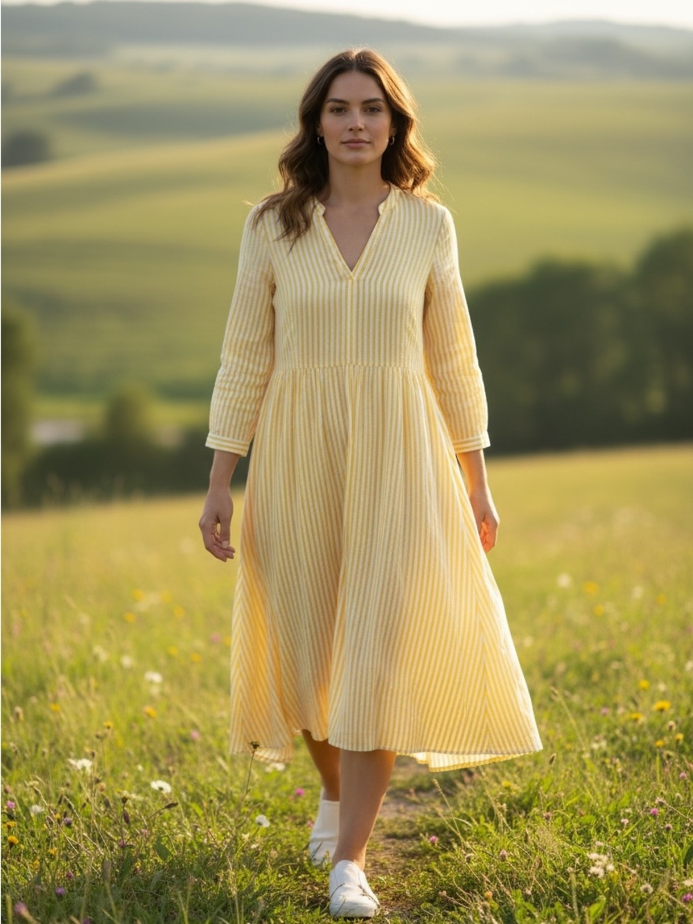 OAK Trellis Pale Yellow Striped Midi Dress